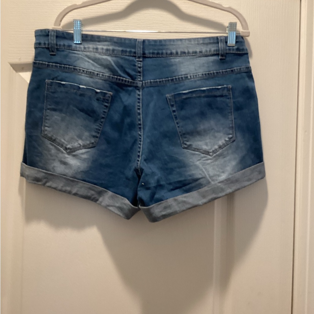 Denim Ripped Cuffed Shorts - Blue - Picture 2 of 2